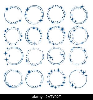 Set of vector graphic circle Star frames. Wreaths for design, logo template Collection. Stardust, stars, starry sky. Vector illustration. Stock Vector