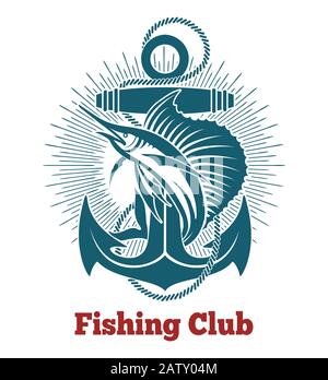 Marlin fishing sport emblem. Marlin fish on a spinning rod round