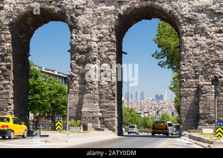 Aqueduct of Valens in Istanbul, Turkey. It was built by the emperor Valens in the late 4th century, and is one of the most important landmarks of the Stock Photo