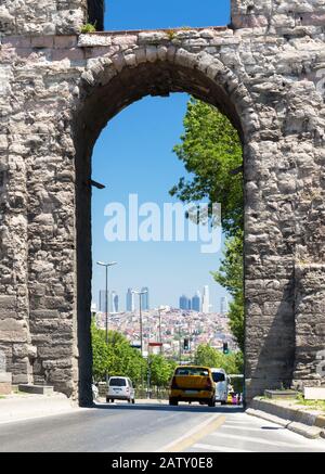 Aqueduct of Valens in Istanbul, Turkey. It was built by the emperor Valens in the late 4th century, and is one of the most important landmarks of the Stock Photo