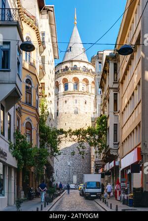 ISTANBUL - MAY 26, 2013: View of the Galata Tower on may 26, 2013 in Istanbul, Turkey. The Galata Tower is the greatest monument of Middle Ages. Stock Photo