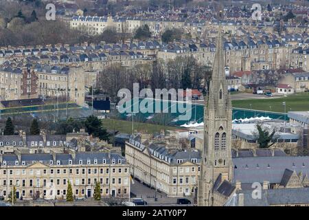 Landscape view of the city of Bath viewed from Alexandra Park showing Bath recreation rugby ground, houses and the architecture of Bath,England,UK Stock Photo