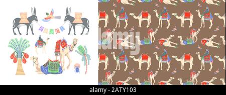 set of hand drawing camel, donkey and palm tree Stock Vector