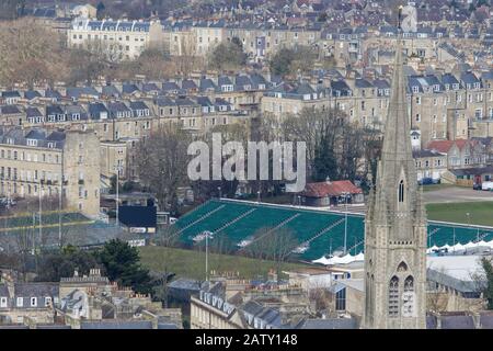 Landscape view of the city of Bath viewed from Alexandra Park showing Bath recreation rugby ground, houses and the architecture of Bath,England,UK Stock Photo