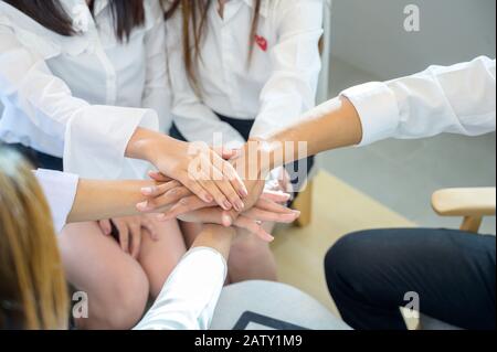 A group of business people lay hands together for unity in the work team Stock Photo