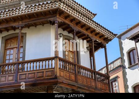 Wooden balcony on historic building in Teror, Gran Canaria, Canary Islands Stock Photo