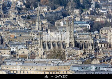 Landscape view of the city of Bath viewed from Alexandra Park showing Bath Abbey, houses, shops and the architecture of Bath,England,UK Stock Photo