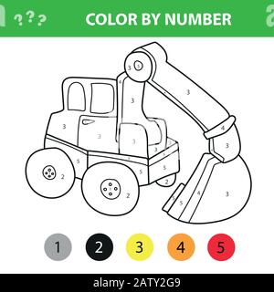Color by number educational game for kids. Cartoon excavator. Vector illustration for schoolchild and preschool Stock Vector