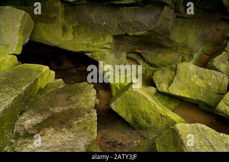 Gritstone blocks around the entrance to Robin Hood's Cave on Stanage Edge Stock Photo