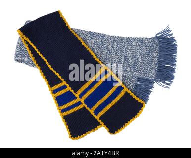 Scarf knitted handwork with fringe on white background. Colorful woolen scarf. Stock Photo