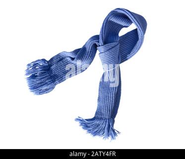 Scarf knitted handwork with fringe on white background. Colorful woolen scarf. Stock Photo