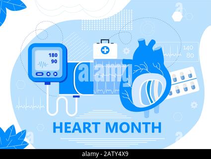 American Heart Month in US in February. Horizontal healthcare banner. Heart diseases vector with medical bag and syringe. Medical poster with leaves Stock Vector