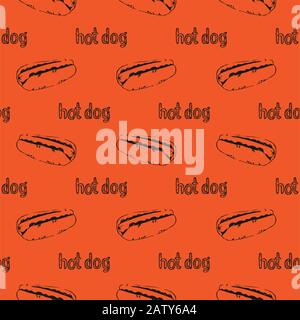 Hand drawn hotdogs seamless pattern. Fastfood texture. Sketchy continuous background of hot dogs with mustard, mayonnaise and vegetables. EPS8 vector Stock Vector