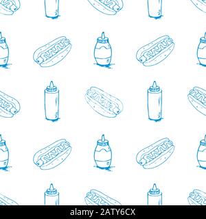 Hotdog seamless texture. Fast food pattern. Continuous background from hand drawn sketches. Hot dogs and plastic bottles with mustard and mayonnaise. Stock Vector