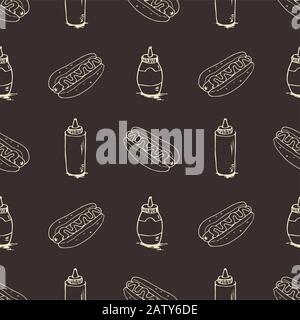 Hotdog seamless texture. Fast food pattern. Continuous background from hand drawn sketches. Hot dogs and plastic bottles with mustard and mayonnaise. Stock Vector