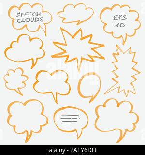 Set of hand drawn with marker highlighter speech clouds and bubbles. Can be used for text highlighting, marking, coloring in your designs or comics. O Stock Vector