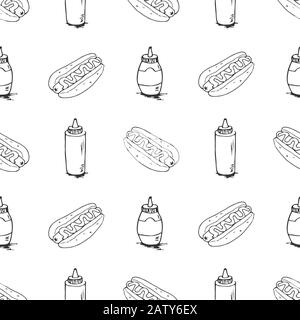 Hotdog seamless texture. Fast food pattern. Continuous background from hand drawn sketches. Hot dogs and plastic bottles with mustard and mayonnaise. Stock Vector