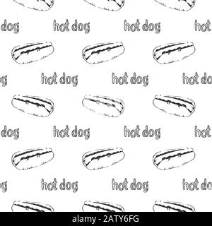Hand drawn hotdogs seamless pattern. Fastfood texture. Sketchy continuous background of hot dogs with mustard, mayonnaise and vegetables. EPS8 vector Stock Vector