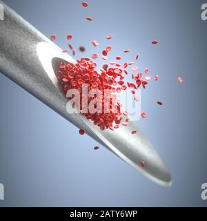 Injection needle with red blood cells protruding from the tip. 3D illustration, concept image of medicine and scientific studies.