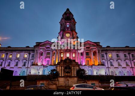 Grade II listed designed by architect Sir Alfred Brumwell Thomas Stockport Town hall floodlight at night  , Cheshire, in Manchester Stock Photo