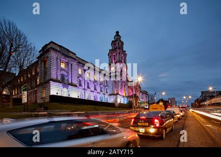 Grade II listed designed by architect Sir Alfred Brumwell Thomas Stockport Town hall floodlight at night  , Cheshire, in Manchester Stock Photo