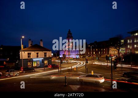 Grade II listed designed by architect Sir Alfred Brumwell Thomas Stockport Town hall floodlight at night  , Cheshire, in Manchester Stock Photo