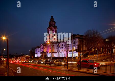 Grade II listed designed by architect Sir Alfred Brumwell Thomas Stockport Town hall floodlight at night  , Cheshire, in Manchester Stock Photo