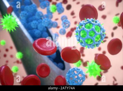 Injection of antiviral against the attack of virus in the bloodstream. Concept image of science and technology, advancement of medicine and laboratory Stock Photo
