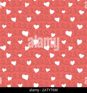 Abstract doodle hearts with ropes and knots seamless pattern texture. Various size hand drawn white hearts on red background. Optimized for one click Stock Vector