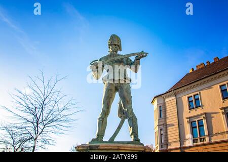 Statue on the hill before Buda castle, Budapest, Hungary. there is blue sky in the background Stock Photo