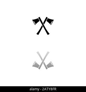 Lumberjack axes crossed. Black symbol on white background. Simple illustration. Flat Vector Icon. Mirror Reflection Shadow. Can be used in logo, web, Stock Vector