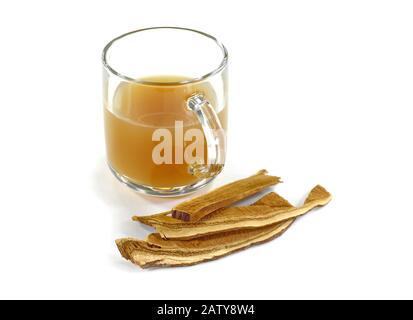 Transparent cup with Reishi tea.Dried lingzhi mushroom (Also called as Reishi mushroom in Japan, Lingcheu in Thailand, Lingzhi mushroom in China, Gano Stock Photo