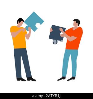 People connected puzzle pieces. Performing work according to the instructions. Joint collaboration of a group of persons. Flat cartoon design, vector Stock Vector