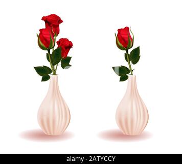 Red rose in a vase. Branch flower. Modern ceramic vase. Element Isolated On A White Background.. Stock Vector