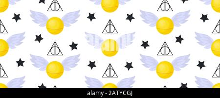 Golden snitch seamless pattern. deathly hallows. The world of magic. Magical items.. Stock Vector