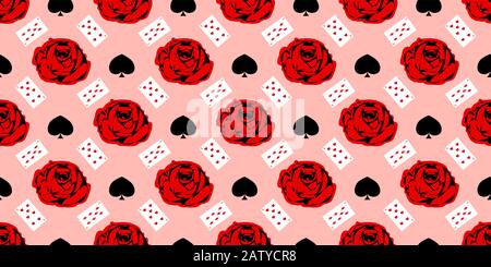 playing cards seamless pattern. Red rose on a pink background.. Stock Vector
