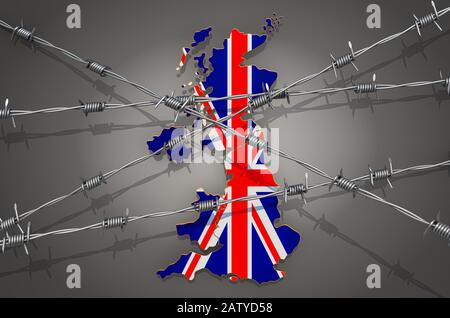 Map of the United Kingdom with barbed wire, 3D rendering on grey background Stock Photo