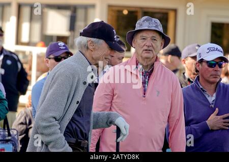 Pebble Beach, USA. 05th Feb, 2020. Monterey, California, USA February 5th 2020 Clint Eastwood chats with Bill Murray at the 3M Celebrity Challenge for their various charities prior to the AT&T Pro-Am PGA Golf event at Pebble beach Credit: Motofoto/Alamy Live News Stock Photo