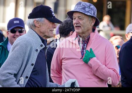 Pebble Beach, USA. 05th Feb, 2020. Monterey, California, USA February 5th 2020 Clint Eastwood chats with Bill Murray at the 3M Celebrity Challenge for their various charities prior to the AT&T Pro-Am PGA Golf event at Pebble Beach Credit: Motofoto/Alamy Live News Stock Photo