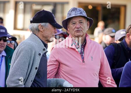 Pebble Beach, USA. 05th Feb, 2020. Monterey, California, USA February 5th 2020 Clint Eastwood chats with Bill Murray at the 3M Celebrity Challenge for their various charities prior to the AT&T Pro-Am PGA Golf event at Pebble Beach Credit: Motofoto/Alamy Live News Stock Photo