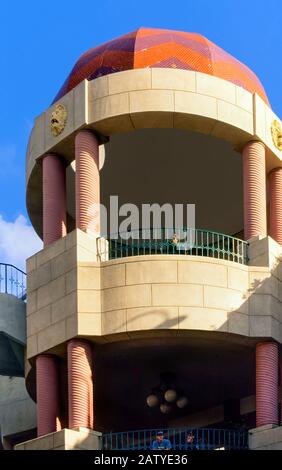 Partial interior view of the postmodern Horton Plaza shopping mall in the downtown area. Stock Photo