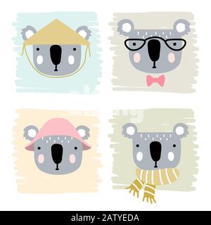 Seamless texture of the head of a cute koala with leave Stock Vector