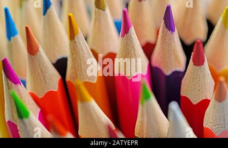 A lot of colored pencils in a close-up