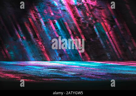 Abstract sport background concept with blurred diagonal blue and magenta lines in the dark, with colored light on the floor Stock Photo
