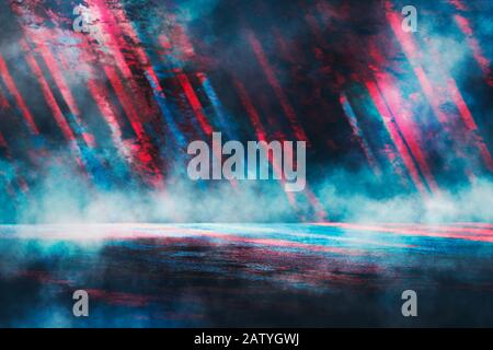 Empty room background for product placement or showcase with concrete pavement. Blue and pink neon light. Smoke, fog, damp asphalt with reflection of Stock Photo