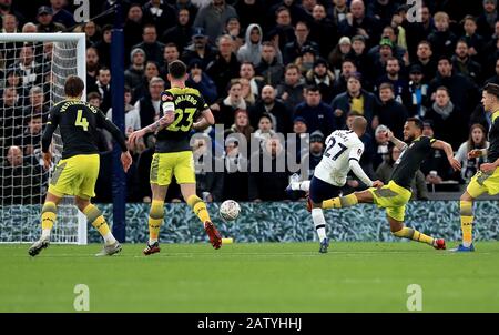 Tottenham Hotspur's Lucas Moura (27) scores his side's second goal of the game during the FA Cup fourth round replay match at Tottenham Hotspur Stadium, London. Stock Photo