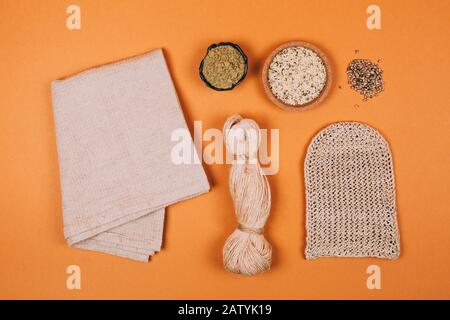 Different types of uses for hemp. Textile fiber industry. Zero waste living concept. Stock Photo