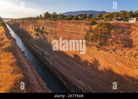 View on the Corinth Canal from a brifge at sunset in Greece Stock Photo