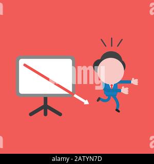 Vector cartoon illustration concept of faceless businessman mascot character running away from sales chart arrow moving down on red background. Stock Vector