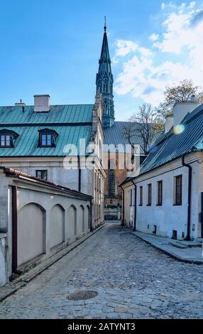 Beautiful panoramic aerial drone view to the market square in Sandomierz - with the Gothic town hall in the middle - a square square (100×110m) locate Stock Photo